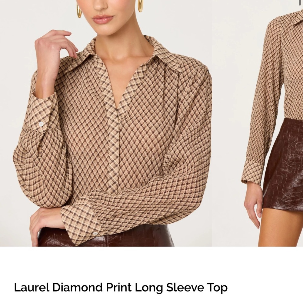 Astr Diamond Print Button-Down Top - Beige